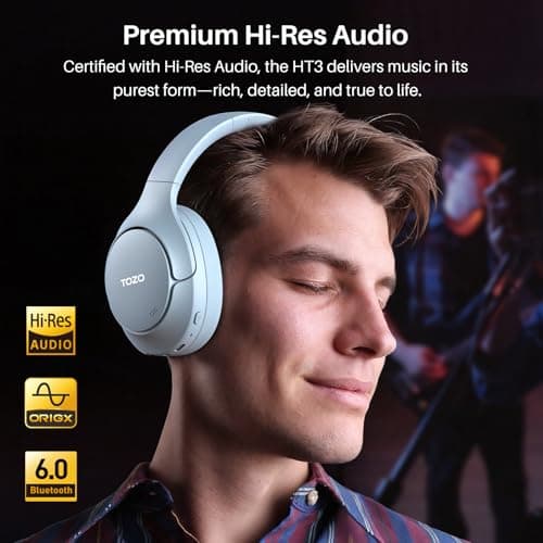 TOZO HT3 Bluetooth Headphones, Active Noise Cancelling with 5-Mic AI Chat, Wireless Over Ear Bluetooth, Hi-Res Audio, 90H Playtime, Transparency Mode, Dual Bluetooth Connection, 32 EQ Modes(Blue) — view 6