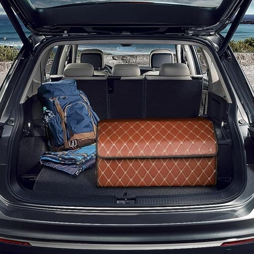 Trunk Car Organizer - Water Resistant Faux Leather Trunk Storage Organizer with Cover | Road Trip Supplies Car Storage Bin, Multipurpose Foldable Trunk Storage Container for SUV Sedan — view 2