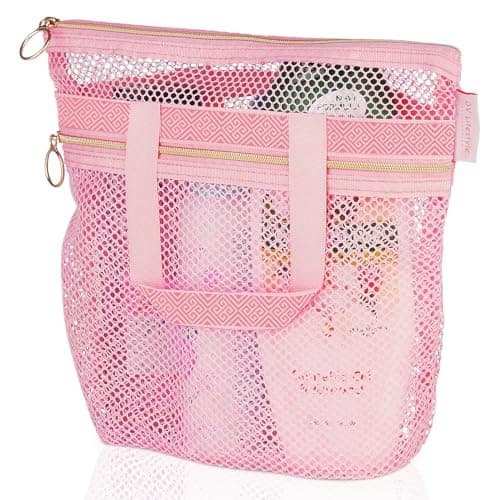 DV Lifestyle Mesh Shower Bag 25 x 26cm Caddy with Zipper & 2 Pockets. Quick-Dry Portable Toiletry Tote for Bathroom, Gym, Travel, Camp, Beach, for Sunscreen, Dorm & College Essentials (Pink)