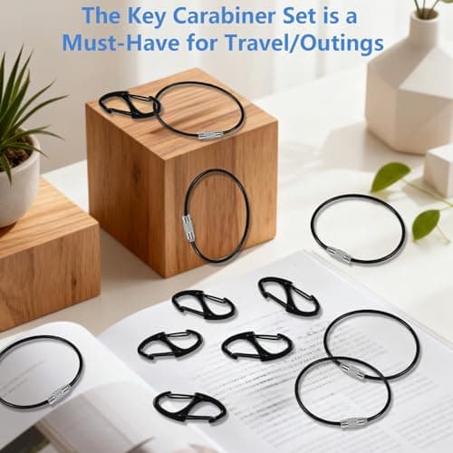 12 Pcs Combination Key Carabiner Set: 6 Double-Sided Mini S Carabiners + 6 Stainless Steel Wire Keychains, Anti-Theft Zipper Lock Puller for Luggage Suitcase Backpacks Purses Handbags Tents Keys — view 3