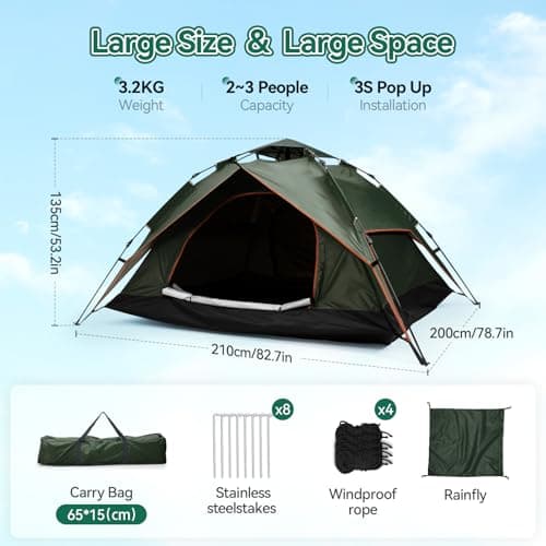 Warmiehomy 2-3 Man Pop Up Tent Double Layer, Green — view 6