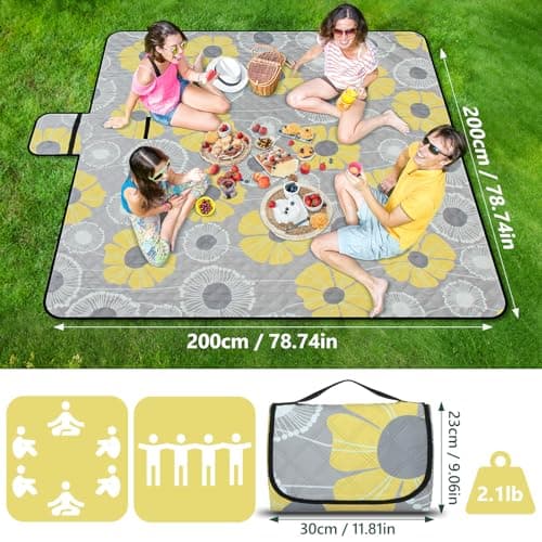 homchen Picnic Blanket, 200 x 200 cm Large Picnic Mat Machine Washable Foldable and Portable for Beach, Park, Camping, Outdoor, Party (Yellow) — view 2