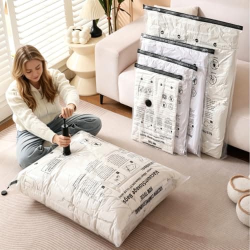Bighan Vacuum Storage Bags 9 Pack(3 Large + 3 Medium + 3 Small) Reusable Space Saver Bags Vacuum Compression Zipper Storage Bags with Airtight Valve and Hand Pump — view 4