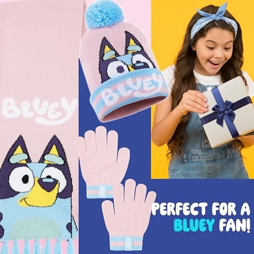 Bluey Girls Winter Accessories Set Cosy Warm Knit Hat Scarf & Kids Gloves or Beanie & Gloves School Travel, Kids Gifts (Pink Bluey 3 Pcs, 3-9 Years) — view 3