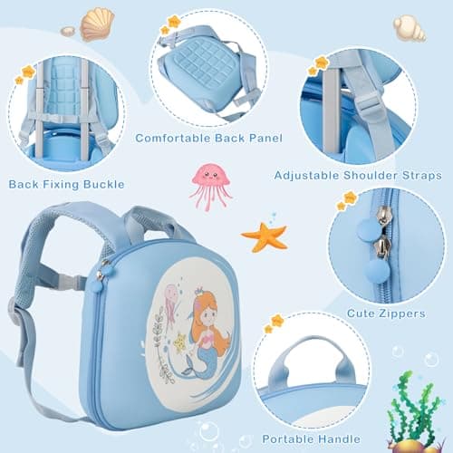 GYMAX 4Pcs Kids Luggage Set, 10” Backpack & 14” Children Hardshell Suitcase with Wheels, Neck Pillow & Name Tag, Toddler Carry On Luggage Set for Travel School (Blue+White) — view 4