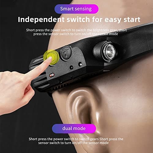 ANTUK Head Torch Rechargeable, 230° Wide Beam LED Headlamp with Motion Sensor, 2 Modes, Waterproof Lightweight Headlight for Running/Camping/Hiking/Fishing (1, 3 Front Led Lichtleiste) — view 2