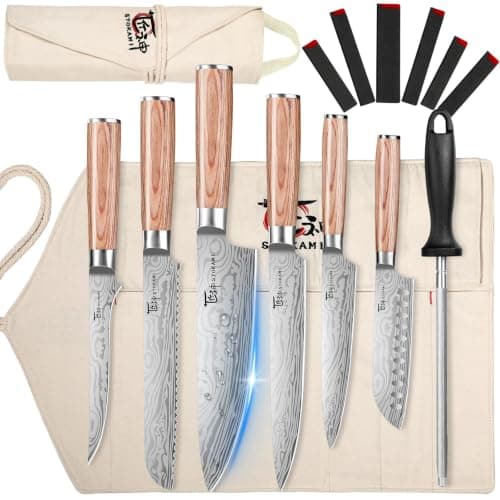 SYOKAMI Chef Knife Set with Roll Bag, Professional Japanese Kitchen Knives Sets, Damascus Pattern Pakkawood Wooden Handle, High Carbon Steel Knives with Case for Camp Outdoor Travel Gift 9 Piece