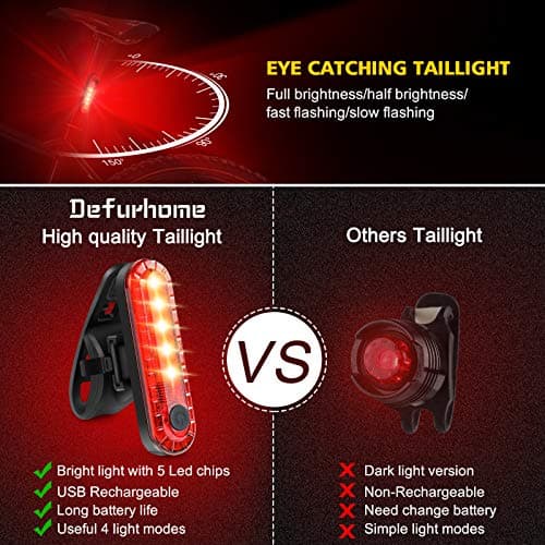 Defurhome Super Bright Bike Light Set, Powerful LED USB Rechargeable Front Headlight and Back Taillight, 2000mah Lithium Battery, Waterproof, 4 Lighting Modes Mountain Road Bicycle Lights — view 4