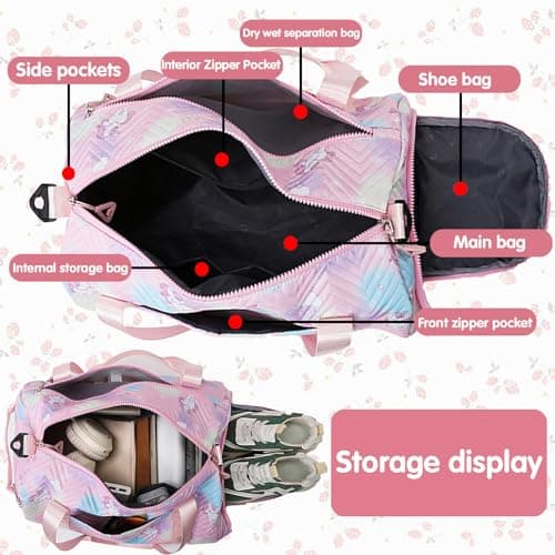 YOUYIKE Small Gym Bag for Girls, Unicorn Travel Bags, Swim with Shoes Compartment & Waterproof Pocket, Waterproof Dance Bag, for Girls Fitness Workout, Travel, Dance, Ballet, Swim, Pink — view 4