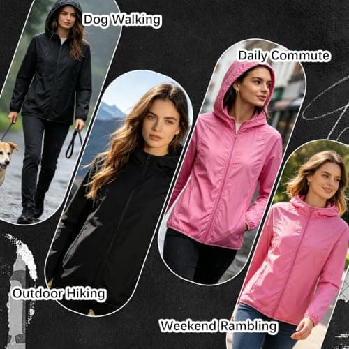 DOINEUFL 2 Pack Womens Lightweight Waterproof Jacket Ladies Rain Coats Packable Pac A Mac Windbreaker for Running Cycling Hiking (UK, Alpha, XL, Regular, Regular, Pink + Black) — view 6
