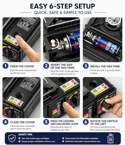 Greenfields Portable Camping Stove Gas Cooker with Piezo Ignition, Compact Butane Burner with Carry Case, Adjustable Flame Outdoor Cooking Stove Camping Picnic Travel (Camping Stove + 4 Butane Gas) — view 3