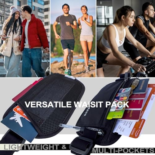EGOO - Ultralight RFID Money Belt with Adjustable Elastic Strap for Travel Hidden Security Waist Money Pouch with Multi-Pocket + 3 RFID Card Protector Sleeve (Black) — view 4