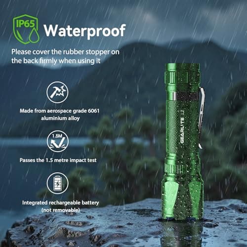 GEARLITE LED Torch Rechargeable, 3500LM Torches LED Super Bright with Clip Adjustable Focus, 3 Lighting Modes Waterproof Small Torch for Power Cuts, Emergency, Camping, Hiking, Outdoor(Green) — view 6