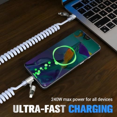 240w 4-in-1 Retractable Coiled Charging Cable, Vehicle-Mounted Spring Data Cable, Universal 78in Multi-Port Charger Cord, Multi-Port Charger Cord for All USB-Compatible Devices (Gold) — view 5