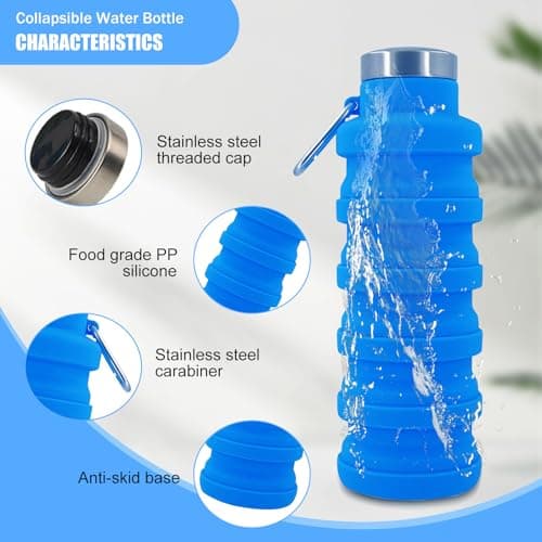 Collapsible Water Bottle, 500ml Silicone Water Bottle with Carabiner(Blue) — view 3