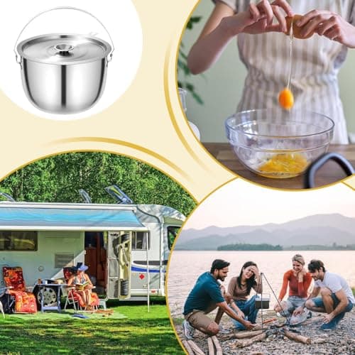 Campfire Pot,Camping Cookware Large Backpacking Pot - Stainless Steel Straining Bowl with Lid, Outdoor Gear for Travel Fishing Hiking Hunting BBQ Home Picnic — view 4