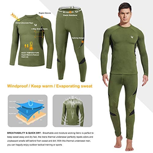 UNIQUEBELLA Mens Thermal Underwear Set Long Sleeve Tops Long Johns Thermal Base Layer Bottom Fleece Lined Quick Drying, Green 1, M — view 3