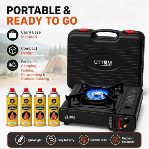 UTTAM Black Portable Camping Stove with Carry Case | Gas Camping Stove with Automatic Ignition & Heat Control (Includes 4 Butane Gas Cylinders) — view 3