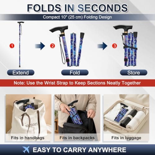 supregear Walking Stick - Adjustable Folding Walking Sticks for Women and Men - Lightweight Portable Collapsible Balancing Aid - Foldable Travel Cane for Ladies Elderly Adults, Dark Blue Floral — view 4
