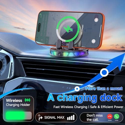Foluu 360° Rotating Wireless Charging Car Phone Holder with RGB Ambient Light, 15W Fast Charging One-Click Auto Locking Dashboard Holder for Car Navigation, Compatible with iPhone & Android — view 3