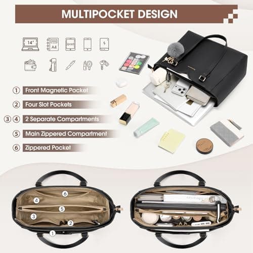 RAINSMORE Handbag for Women Large Tote Bags for Women Waterproof PU Leather Ladies laptop Tote handbag with Removable pom-pom for Work Business School Black — view 4