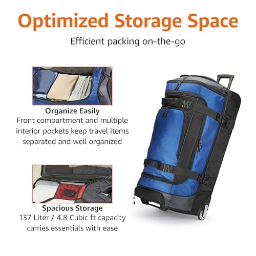 Amazon Basics Rolling Travel Duffel Bag, 137L, Lightweight and Durable Trolley in Ripstop Fabric, Large Capacity with Telescopic Handle, Ideal for Travel, Work, and Leisure, Blue — view 3