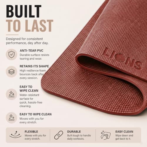 Lions Travel Yoga Mat - Premium Yoga Mats for Women with Carry Strap, 181 x 61 x 0.6 cm, Lightweight Anti-Slip Eco Friendly Workout Mat, Ideal for Exercise Fitness Training Pilates Gym (Red 6mm) — view 5
