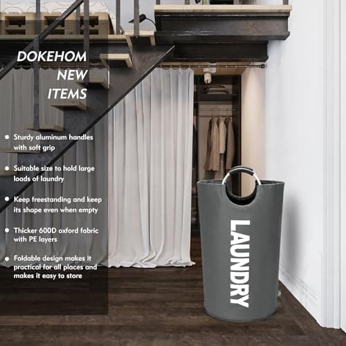 DOKEHOM 90L Large Laundry Basket Bag, Collapsible Tall Hamper, Dark Grey — view 2