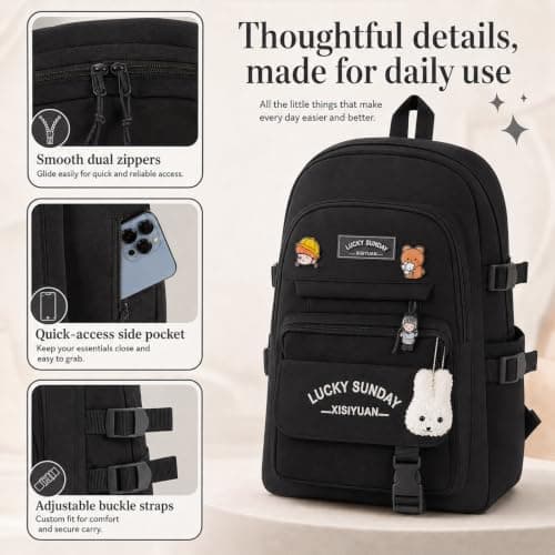 BREEZENEST 5Pcs School Bag Set Large Capacity Lightweight (Black) — view 5