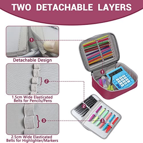 VASCHY Large Pencil Case, Pen Pouch Bag with Detachable Layers for Girls Portable Aesthetic Maker Holder with Big Compartment and Top Handle Desk Organizer for Adult Women College Office Burgundy — view 5