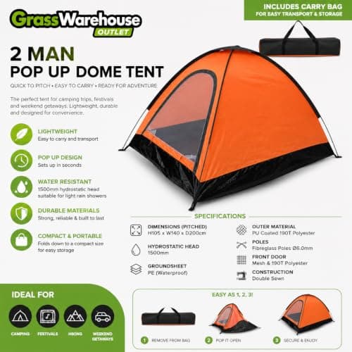 2 Man Pop Up Dome Tent Waterproof Camping Tent with Carry Bag, Instant Pop Up Shelter, 1500mm Hydrostatic Head, Lightweight Festival Hiking Fishing Tent, Mesh Door, 200 x 140 x 105cm — view 2