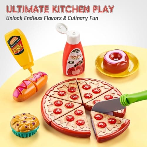 Play Kitchen Accessories, Large Stainless Steel Toddler Cooking Set, Kids Kitchen Playset with Cutting Play Food, Condiments, Chef Apron & Hat, Service Bell, Toy Food with 2 Baskets, Boys Girls Gifts. — view 4