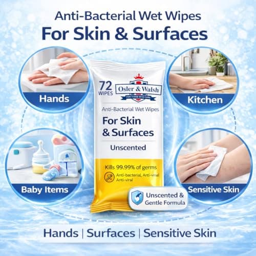 Osler & Walsh Antibacterial Wet Cleaning Wipes 72 Pack, Alcohol Free UNFRAGRANCED Wet Wipes with Glycerin, Multipurpose Hand & Surface Wipes for Home, Office, Clinic & Care Homes — view 3