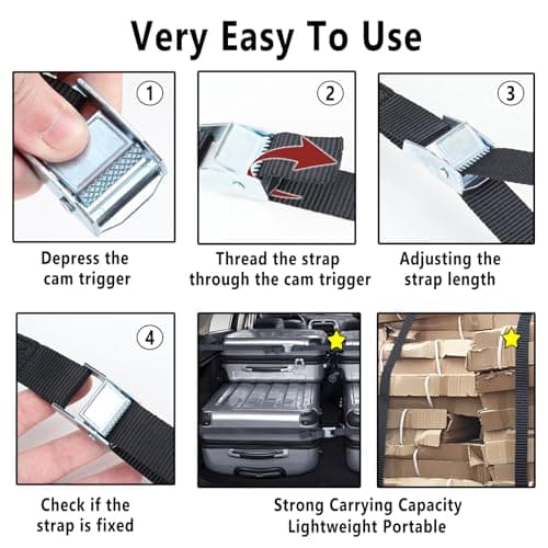 Tie Down Straps, 4 Pack Heavy Duty Tensioning Belts, 2m x 25mm Adjustable Lashing Straps Ratchet Straps for Motorcycle, Cargo, Trucks, Trailer, Luggage(Black) — view 4