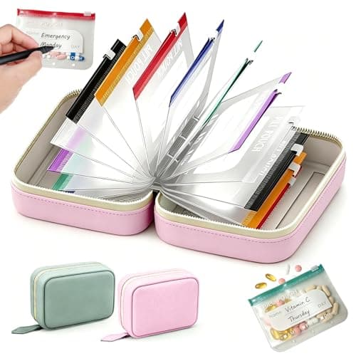 Waterproof Pill Organiser Pouch Set for Travel, 14 Removable Colour-Coded Bags Easy to Label & Refill, Storage Organizer for Medication Vitamins Fish Oils (Pink)