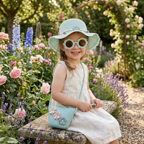 Little Girls Handbag Set, Girl's Straw Bag with Flower Sunglasses&Straw Hat — view 2