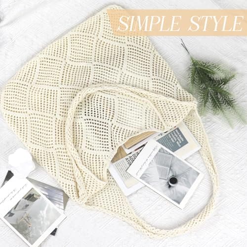 GLGHMH Crochet Mesh Beach Tote Bag, Beige Knit Boho Shoulder Hollow Bag, Women Holiday Shoulder Bag for Travel Shopping Vacation Beach Work — view 5