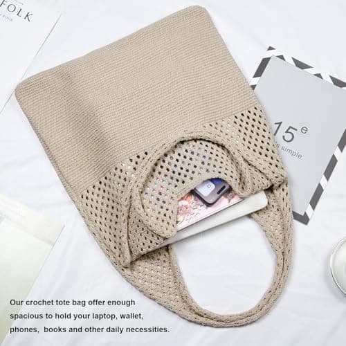 Kememo Crochet Tote Bag, Mesh Beach Tote Bag Knit Shoulder Bag Boho Casual Handbag for Shopping Travel School Work, Khaki — view 5