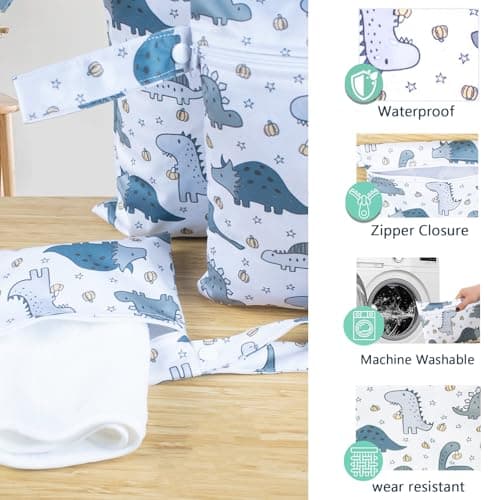 KASESSS 3 Pcs Dinosaur Pattern Nappy Bags, Waterproof Wet Dry Bags, Travel Laundry Bag, Wet Bag for Swimming with Zip, Reusable Organiser Nappy Pouch for Baby Items for Camping Swimming Travel Beach — view 4
