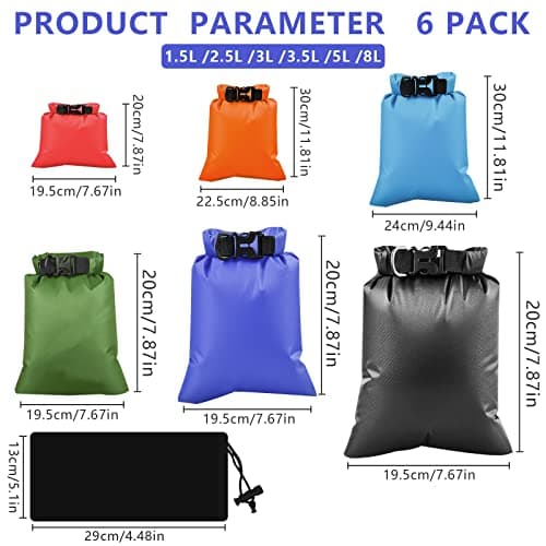 WOODFIB 6 PCS Waterproof Dry Bag, Lightweight Dry Sacks Set with 1.5L, 2.5L, 3L, 3.5L, 5L, 8L Drybag Canoe Bags for Boating/Travel/Rafting/Camping/Swimming/Fishing (Multicolor) — view 2