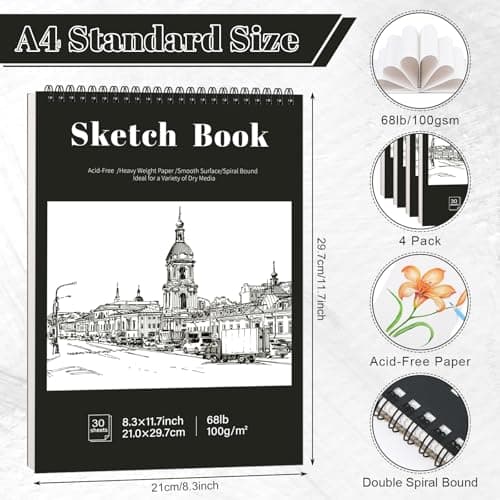 A4 Sketch Book, 4 Pack Spiral Sketch Pad, 100gsm Acid-Free Drawing Pad — view 2