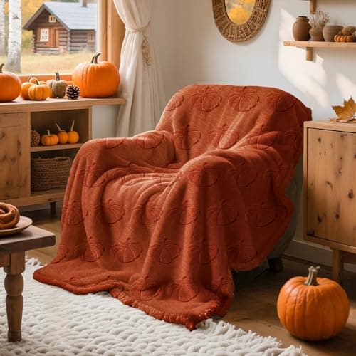 Lanpn Fall Rustic Throw Blanket, 530GSM Sherpa Fleece Throws for Couch Sofa, Soft Fluffy 3D Pumpkin Fur Blankets, Autumn Plush Cozy Blanket Thanksgiving Home Bed Living Room Decor Gift, 130x150