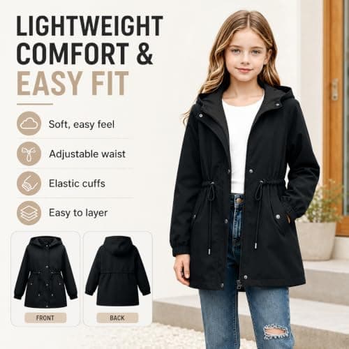 Slxbear Girls Waterproof Coats Kids Rain Jacket Windproof Windbreaker Solid Full Zip Up Button Raincoats with Pockets Long Sleeve Autumn Outwear Teens School Casual Clothes13 Years — view 3