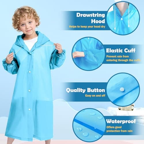 WOHSEROM 2 Pack Rain Ponchos for Kids Reusable,Thickened EVA Travel Raincoat Jacket with Hoods and Sleeves,Lightweight Light Blue Capes Ponchos for Boys and Girls Outdoor Camping Travel — view 3