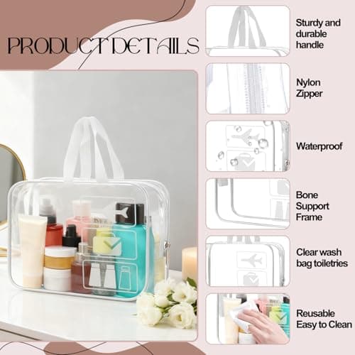 Clear Toiletry Bag with Handle - Transparent TSA Approved Makeup Cosmetic Travel Organiser, Waterproof Wash Bag for Air Travel Carry On — view 3