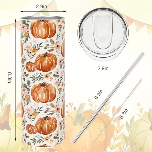 Whaline Fall Tumbler with Lid and Straw Watercolor Pumpkin Flower Stainless Steel Cup Autumn Tumbler Cup Travel Coffee Mug for Fall Thanksgiving Decor Gift Supplies — view 2