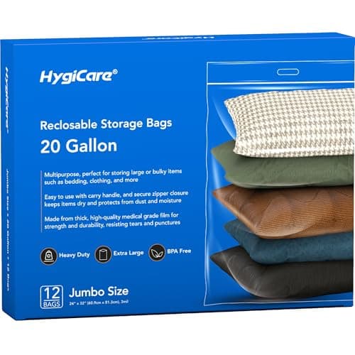 HygiCare Reclosable Storage Bags, 20 Gallon, 12 Count, 3mil Thick, Heavy Duty, Easy to Use with Carry Handle, Reusable, 24""x32", Perfect for Bedding, Clothes, Travel and Moving