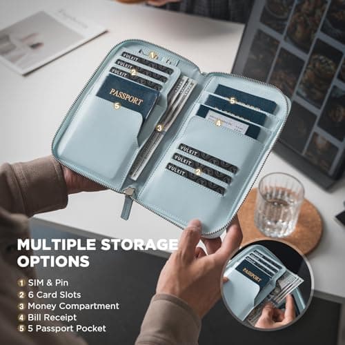 VULKIT Leather Passport Holder Family Travel Document Organizer with RFID Blocking Travel Wallet Slim Dual Slots SIM Card and Multiple Card Holders for Men and Women (Light Blue) — view 4