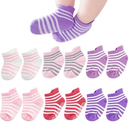 Admygo 6 Pairs Striped Toddler Grip Socks Size M for Girls 1-3 Years, Soft Cotton Baby Anti-Slip Walking Socks, Breathable Non-Slip Slipper Socks for Active Infants