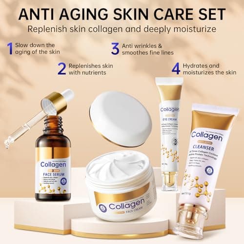 Collagen Skin Care Set, Anti Aging Skincare Set for Reduce Wrinkles, Shrink Pores, Smooth Fine Lines, Hydrating, 4 Pcs Travel Skincare Kits for Women with Cleanser, Serum, Cream, Eye Cream. — view 3
